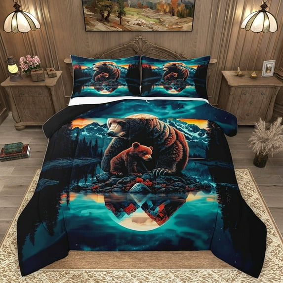 Homewish Woodland Bear Family Queen Comforter Set, Nature Scenery Bedding Sets, Vintage Rustic Lake House Reversible Bedding Comforter Set, Breathable Home Decor, 3 Pieces