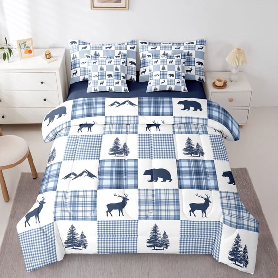 Manfei Woodland Bear Print 7-Piece Twin Bedding,Blue Check Pine Bedding Comforter Set,Navy Blue Reversible