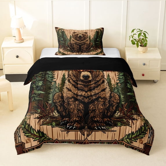 Manfei Woodland Bear Print Twin Comforter Sets,Vintage Wildlife Bedding Set,Green Brown,Black Reversible,2 Pieces,1 Comforter and 1 Pillowcase