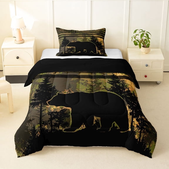 Manfei Woodland Bear Twin Comforter Sets,American Flag Bedding Set,Geometric Pixel Art Decor,Black Reversible,2pcs,1 Comforter and 1 Pillowcase
