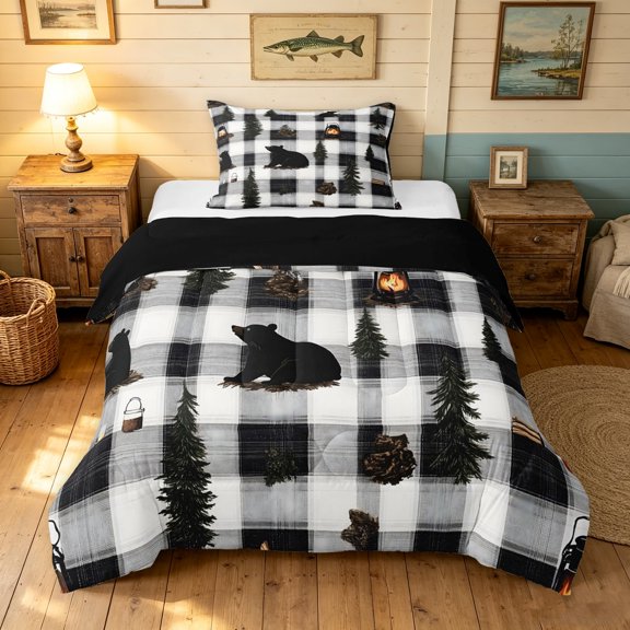 Manfei Woodland Bear Twin Comforter Sets, Cottage Adventure Bedding Set, White Black, Black Reversible, 2-Piece, 1 Comforter and 1 Pillowcase