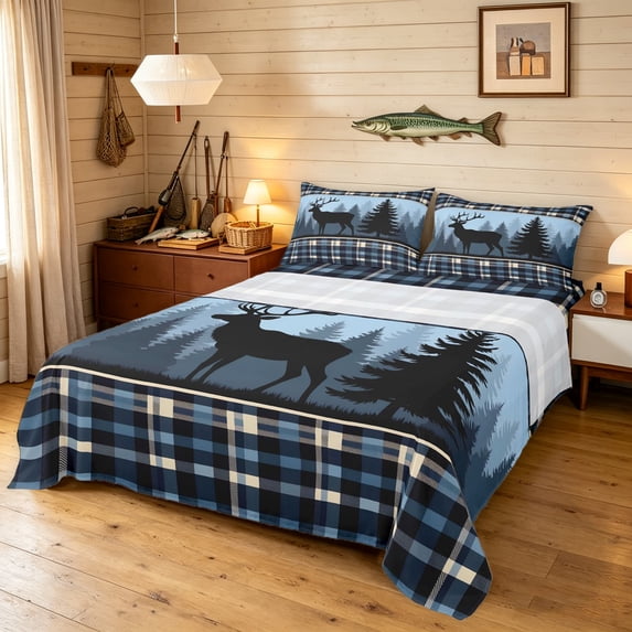 Manfei Woodland Deer Bed Sheets, Tribal Western Plaid Full Size Sheets, Navy Black, 4 Pieces, 1 Flat Sheet, 1 Fitted Sheet and 2 Pillowcases
