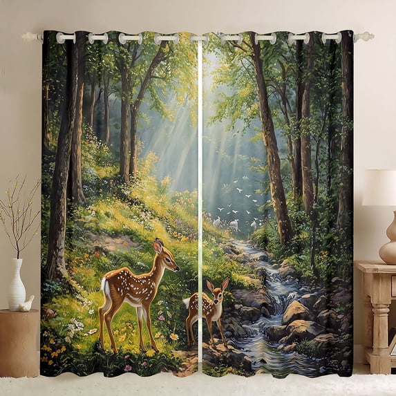 Manfei Woodland Deer Blackout Curtains Set of 2 (52x84 Each),Kawaii Floral Curtain,Green