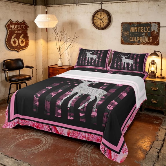 Manfei Woodland Deer Moose Bed Sheets, Retro US Flag Full Size Sheets, Pink Black, Pink Reversible 4-Piece (1 Flat Sheet, 1 Fitted Sheet and 2 Pillowcases)