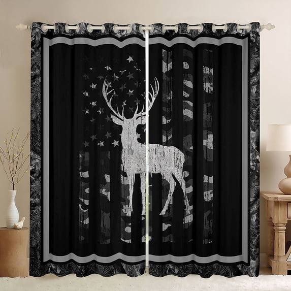 Manfei Woodland Deer Moose Kitchen Curtains, Retro US Flag Black Out Curtains Pack of 2 (42x63 Each), Black Grey
