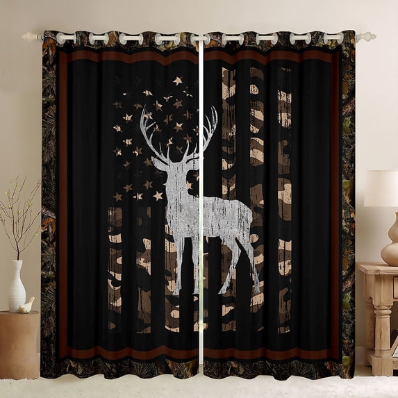 Manfei Woodland Deer Moose Kitchen Curtains, Retro US Flag Black Out Curtains Pack of 2 (42x63 Each), Brown Black