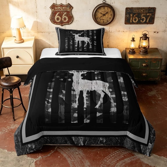 Manfei Woodland Deer Moose Twin Comforter Sets, Retro US Flag Bedding Set, Black Grey, Black Reversible 2pcs, 1 Comforter and 1 Pillowcase