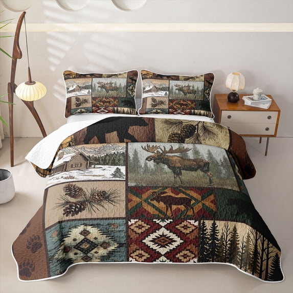 Manfei Woodland Deer Quilt Full,Patchwork Geometric Grid Full Bedspread Sets,Brown,3-Piece