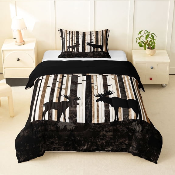 Manfei Woodland Deer Twin Comforter Sets,Tall Pine Bedding Set,Brown,Black Reversible,2 Pieces,1 Comforter and 1 Pillowcase