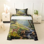 Manfei Woodland Deer Twin Sheets,Kawaii Floral Bedding,Green,3 Pieces,1 Fitted Sheet and 1 Pillowcase