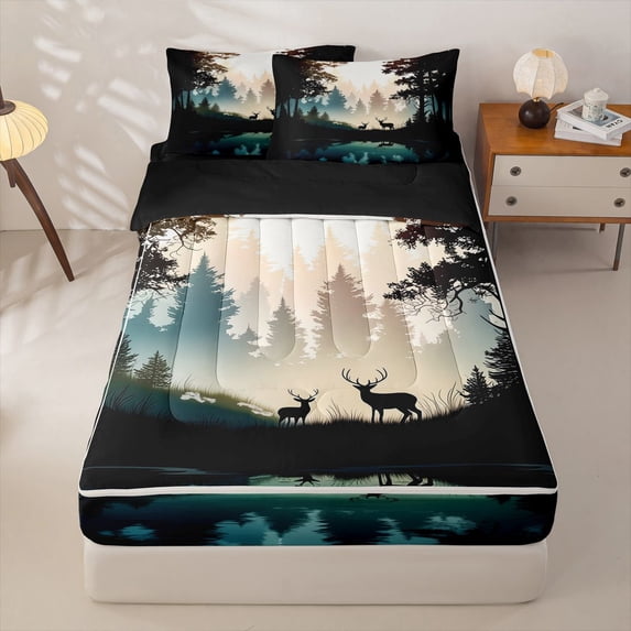 Manfei Woodland Deer Zipper Twin Comforter Sets with Fitted Sheet and 2 Pillowcases,Sunrise Lake Zipper Bedding Set,Black,Black Reversible,4pcs