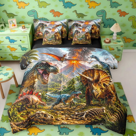 Manfei Woodland Dinosaur Wildlife 7pcs Queen Bedding,Retro Dino Animals Bedding Comforter Set Queen,Brown Green,Black Reversible