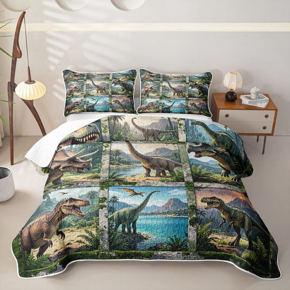 Manfei Woodland Dinosaur Wildlife Quilt King,Retro Jungle King Coverlet Set,Green Gray,3-Piece,1 Bedspread and 2 Pillowcases