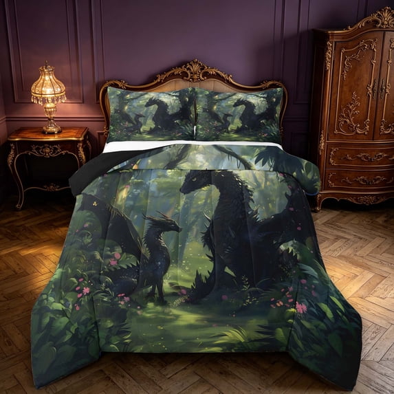 Manfei Woodland Dragon Animals King Size Comforter Sets,Vintage Trees Plant Comforters King Size,Green Black,Black Reversible,3 Pieces,1 Comforter and 2 Pillowcases