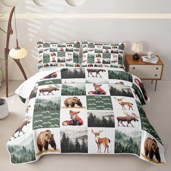 Manfei Woodland Fox Grid Bed Spread Queen,Green Check Pine Queen Coverlet Set,3pcs