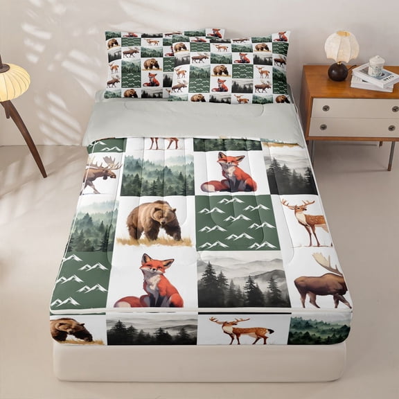 Manfei Woodland Fox Grid Zipper Full Size Comforter Sets with Fitted Sheet and 2 Pillowcases,Green Check Pine Zipper Bedding Set,Light Gray Reversible,4pcs