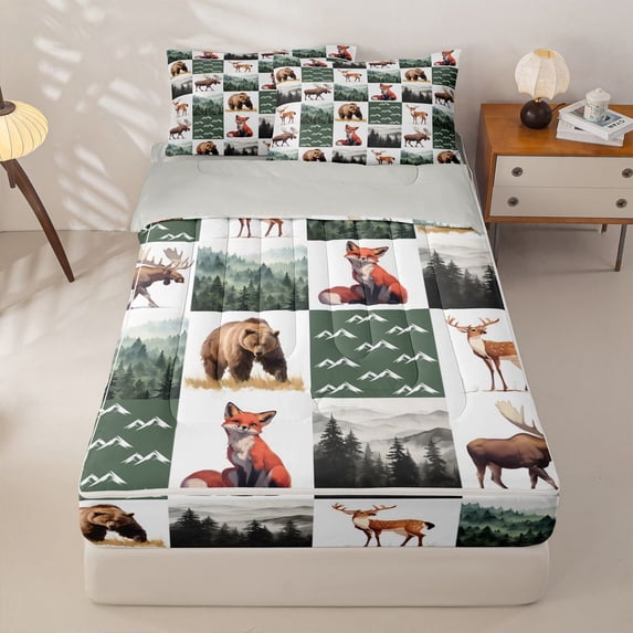 Manfei Woodland Fox Grid Zipper Twin Comforter Sets with Fitted Sheet and 2 Pillowcases,Green Check Pine Zipper Bedding Set,Light Gray Reversible,4pcs