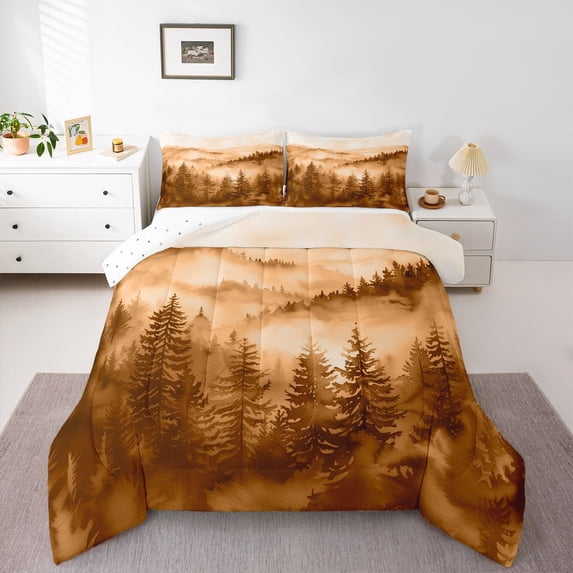 Manfei Woodland Jungle Plants 3-Piece Full Size Comforter Sets for Children Teens,Moutain Trees Bedding Comforter Set,Botanical Theme Lightweight Bedding Sets,Lightweight Room Decor,Reversible