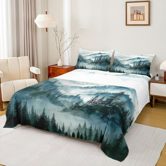 Manfei Woodland Jungle Plants 4-Piece Full Size Sheets for Children Teens,Moutain Trees Bed Sheets,Botanical Theme Lightweight Sheet Sets,Lightweight Room Decor