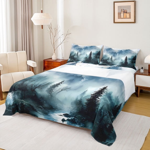 Manfei Woodland Jungle Plants 4-Piece Full Size Sheets for Children Teens,Moutain Trees Bed Sheets,Botanical Theme Lightweight Sheet Sets,Lightweight Room Decor