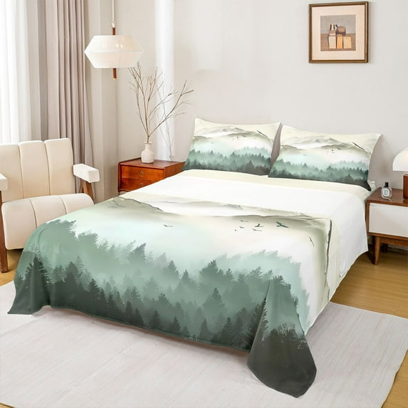 Manfei Woodland Jungle Plants 4-Piece Full Size Sheets for Children Teens,Moutain Trees Bed Sheets,Botanical Theme Lightweight Sheet Sets,Lightweight Room Decor