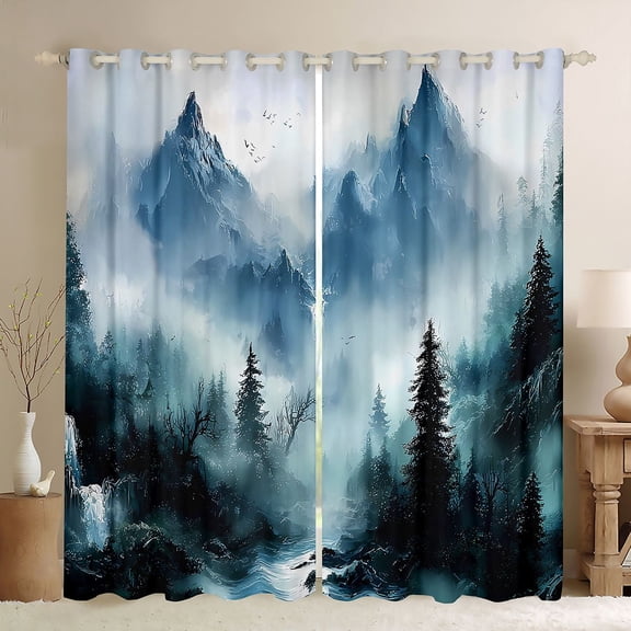 Manfei Woodland Jungle Plants Black Out Curtains for Children Teens,Moutain Trees Curtains Pack of 2 (42x63 Each),Botanical Theme Bedroom Curtains,Lightweight Room Decor