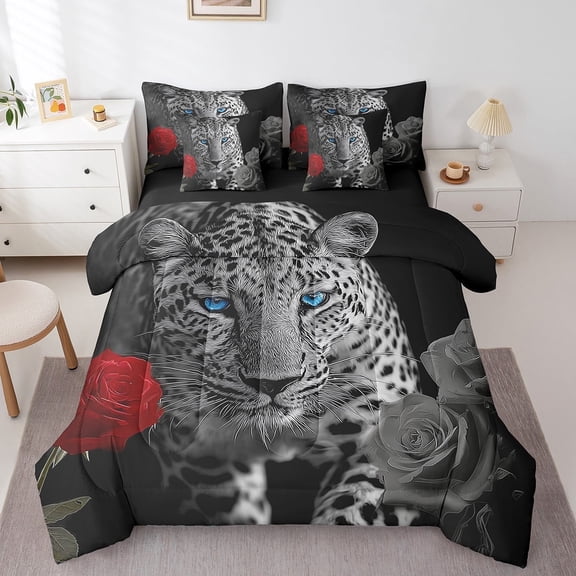 Feelyou Woodland Leopard Bedding Comforter Set 7pcs, 3D Cheetah Queen Bedding Sets, Romantic Rose Animal Queen Sheet Sets, Breathable Room DecorativeSuper Cozy Room Decor