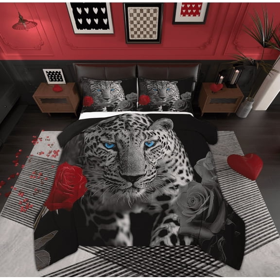 Feelyou Woodland Leopard Queen Comforter Set, 3D Cheetah Bedding Sets, Romantic Rose Animal Bedding Comforter Set, Breathable Room DecorativeSuper Cozy Room Decor, 3pcs