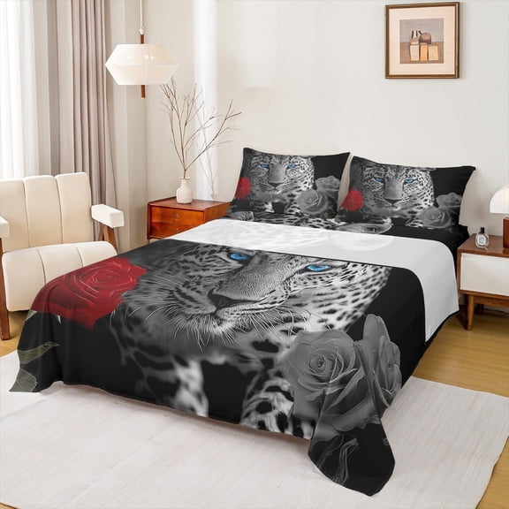 Feelyou Woodland Leopard Queen Sheet Sets, 3D Cheetah Flat Sheet, Romantic Rose Animal Queen Fitted Sheet, Breathable Room DecorativeSuper Cozy Room Decor, 4pcs