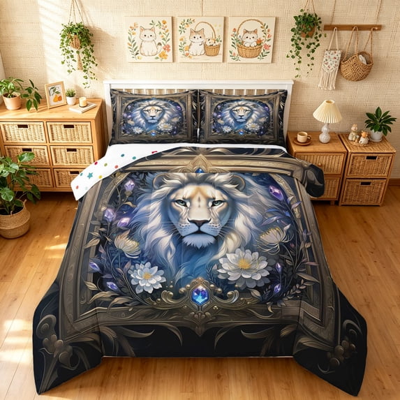 Manfei Woodland Lion Full Size Comforter Sets, Vintage Boho Western Bedding Comforter Set, Blue Brown, Polkadot Reversible, 3-Piece, 1 Comforter and 2 Pillowcases