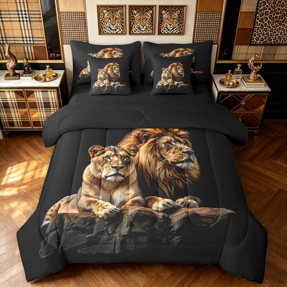 Manfei Woodland Lion King Bedding, Valentine's Day Animals King Bed in a Bag, Black Brown, Black Reversible, 7-Piece