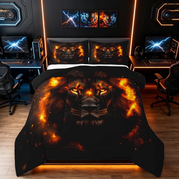 Manfei Woodland Lion King Size Comforter Sets, Fire Animal Print Comforters King Size, Dark Brown, Black Reversible, 3pcs, 1 Comforter and 2 Pillowcases