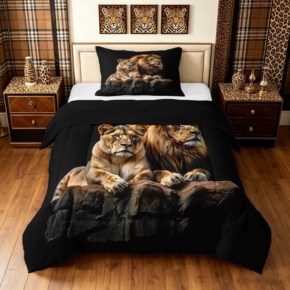 Manfei Woodland Lion Twin Comforter Sets, Valentine's Day Animals Bedding Set, Black Brown, Black Reversible, 2-Piece, 1 Comforter and 1 Pillowcase
