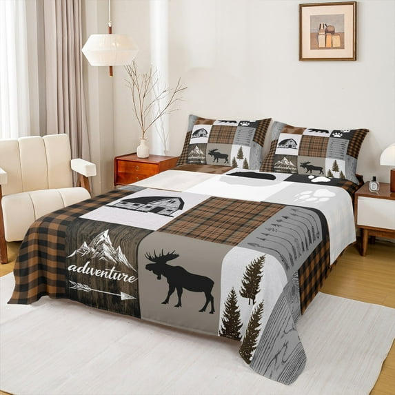 Manfei Woodland Moose Deer Bed Sheets, Brown Gray Black Checkered King Sheets, Vintage Lodge Cabin Sheet Set, Breathable Home Decor 4-Piece