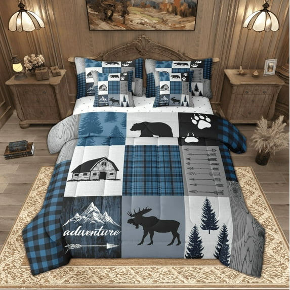 Manfei Woodland Moose Deer Bedding Comforter Set, Blue Gray Black Checkered Queen Bedding Sets, Vintage Lodge Cabin Queen Sheet Sets, Microfiber Bedroom Decor Reversible 7 Pieces
