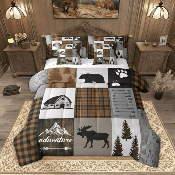 Manfei Woodland Moose Deer Bedding Comforter Set, Brown Gray Black Checkered Full Bedding Set, Vintage Lodge Cabin Fitted Sheet Flat Sheet, Breathable Home Decor Reversible 7 Pieces