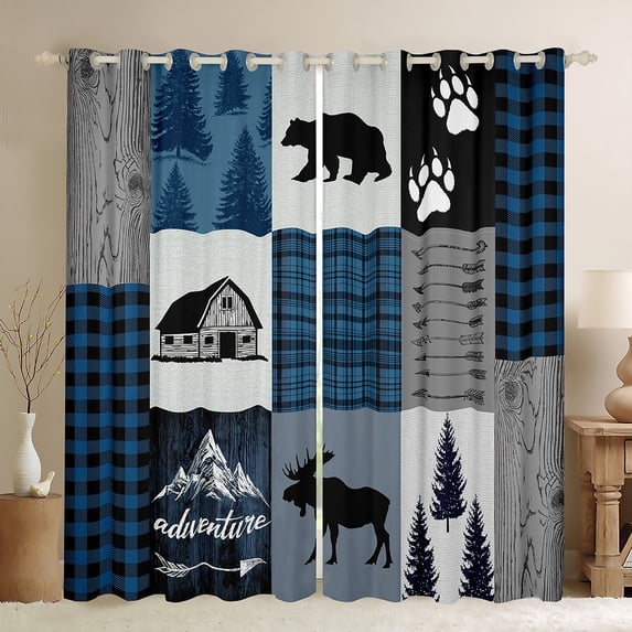 Manfei Woodland Moose Deer Curtains Pack of 2 (42x84 Each), Blue Gray Black Checkered Curtains Blackout, Vintage Lodge Cabin Bedroom Curtains, Luxury Bedroom Decor