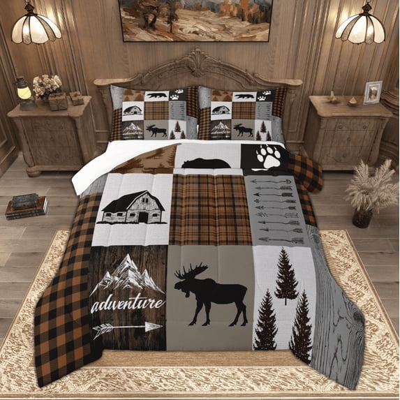 Manfei Woodland Moose Deer Full Size Comforter Sets, Brown Gray Black Checkered Bedding Comforter Set, Vintage Lodge Cabin Bedding Sets, Breathable Home Decor