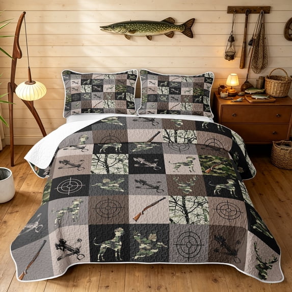 Manfei Woodland Moose Quilt Full, Folk Fashion Buffalo Full Bedspread Sets, Dark Brown Green, Black Reversible, 3pcs, 1 Coverlet and 2 Pillowcases