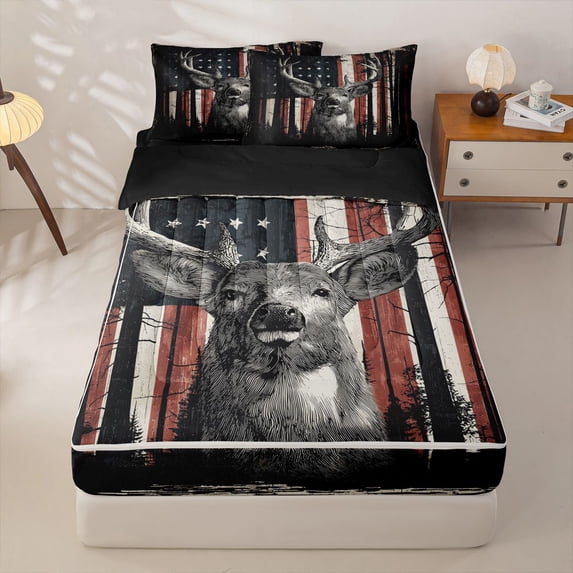 Manfei Woodland Moose Zipper Twin Comforter Sets with Fitted Sheet and 2 Pillowcases,Vintage American Flag Zipper Bedding Set,Black Reversible,4pcs