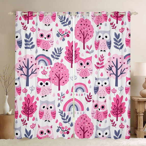 Manfei Woodland Owl Kitchen Curtains, Tree Rainbow Black Out Curtains Pack of 2 (42x63 Each), White Pink