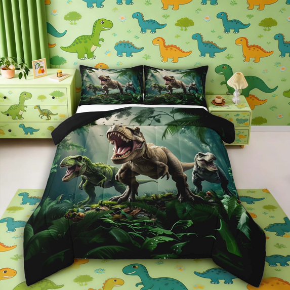 Manfei Woodland T-Rex Wildlife King Size Comforter Sets,Retro Dino Animals Comforters King Size,Green,Black Reversible,3 Pieces,1 Comforter and 2 Pillowcases