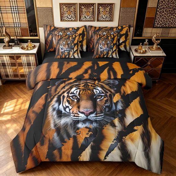 Manfei Woodland Tiger Print King Bedding, Fashion Animal Print King Bed in a Bag, Dark Brown Orange, Black Reversible, 7 Pieces