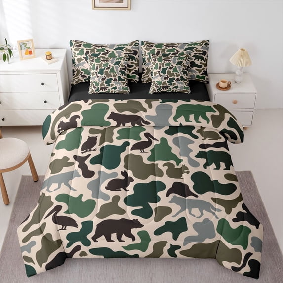 Manfei Woodland Wildlife 7 Pieces Full Size Bedding Sets,Rustic Camouflage Full Size Bed in a Bag,Brown Green,Black Reversible