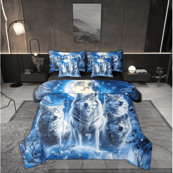 Manfei Woodland Wildlife Bedding Comforter Set 7 Pieces for Teens, Jungle Wolf Print Full Bedding Set, Rustic Farmhouse Reversible Fitted Sheet Flat Sheet, Breathable Home Decor
