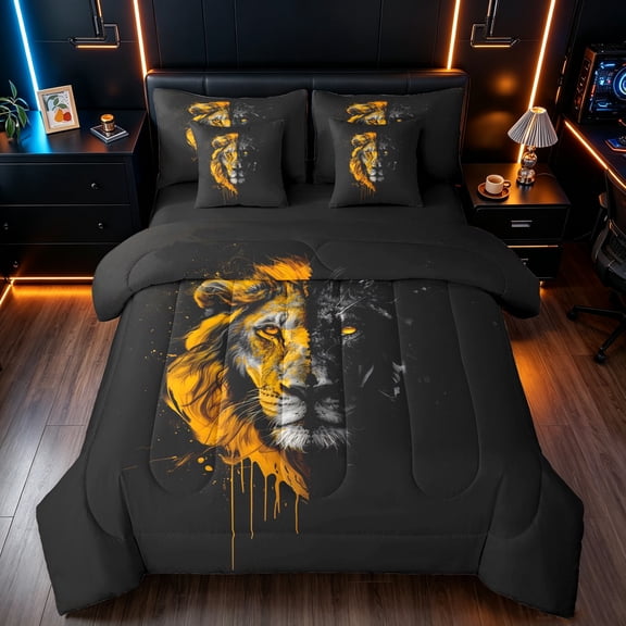 Manfei Woodland Wildlife Full Size Bedding Sets, Graffiti Lion Print Full Size Bed in a Bag, Black Brown, Black Reversible, 7 Pieces