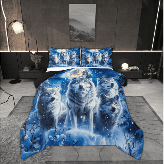 Manfei Woodland Wildlife Full Size Comforter Sets for Teens, Jungle Wolf Print Bedding Comforter Set, Rustic Farmhouse Reversible Bedding Sets, Breathable Home Decor, 3pcs