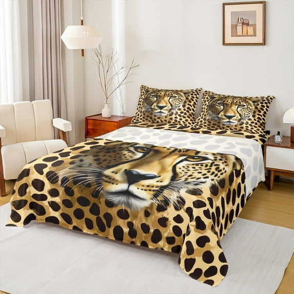 Manfei Woodland Wildlife Full Size Sheets for Teens, Jungle Leopard Cheetah Print Bed Sheets, Modern Fashion Sheet Sets, Breathable Home Decor, 4pcs