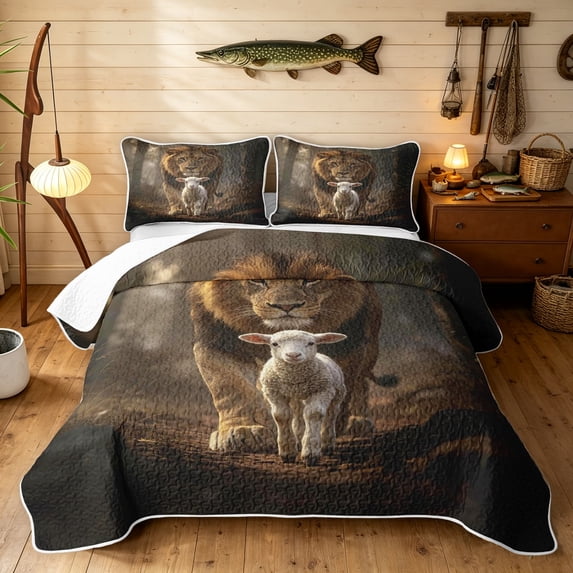 Manfei Woodland Wildlife Quilt King, Bible Sheep Lion King Coverlet Set, Dark Brown, Black Reversible, 3pcs, 1 Bedspread and 2 Pillowcases