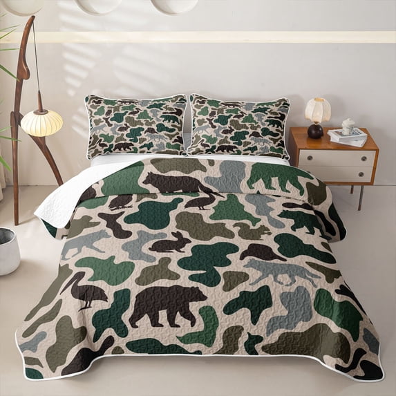Manfei Woodland Wildlife Quilt King,Rustic Camouflage King Coverlet Set,Brown Green,3pcs